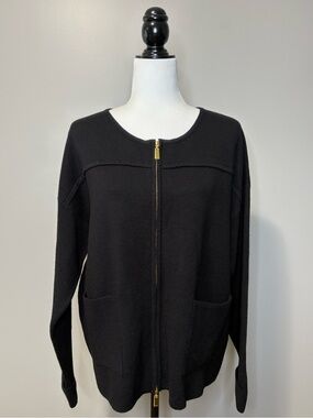 GG Collection Collarless Full Zip Long Sleeve Knit Cardigan Black